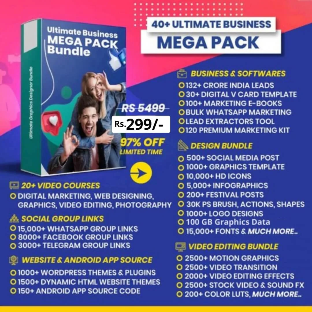 40 in 1 Mega Pack Bundle Only @Rs 299/- Special OFFER 97% Off Hurry up!! 🚀You, Will, Have Everything to Start & Run Your Successful Digital Business or Agency Because All The Things You Might Need is Offered in This Mega Pack Bundle.